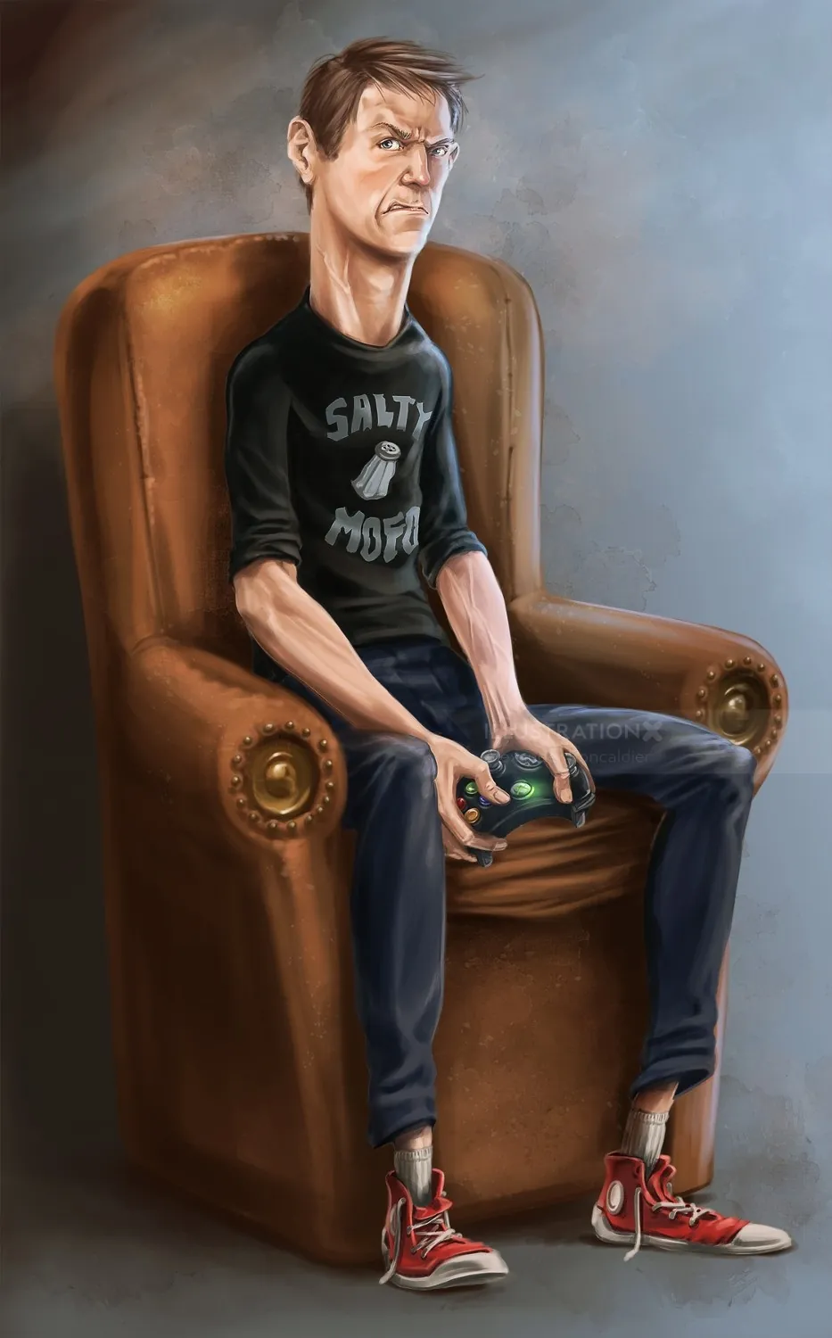 Man playing video games on armchair holding controller by Alexander Roncaldier