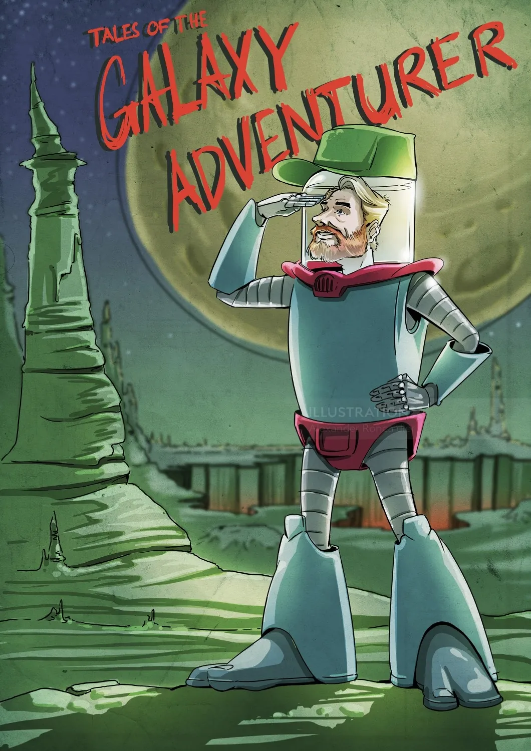 Robot adventurer in vintage sci-fi style in alien landscape, art by Alexander Roncaldier