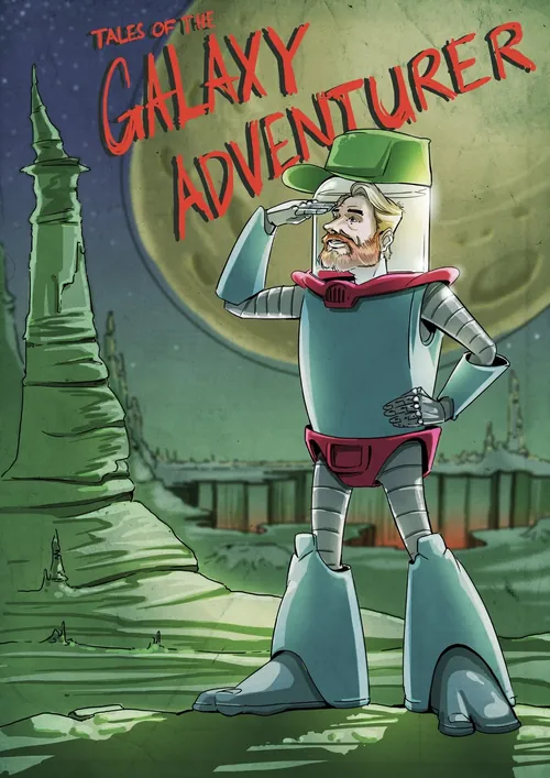 Robot adventurer in vintage sci-fi style in alien landscape, art by Alexander Roncaldier