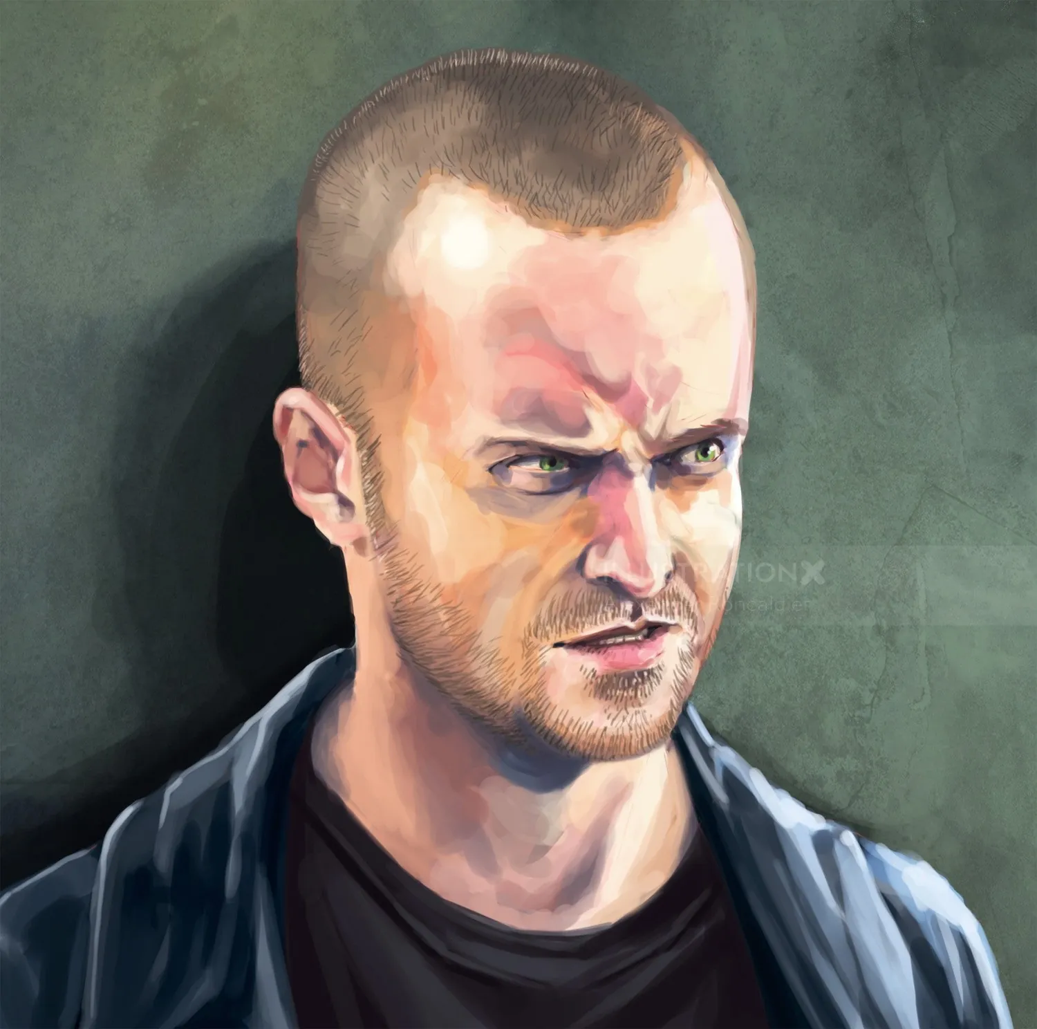Angry man with shaved head and dark jacket by Alexander Roncaldier