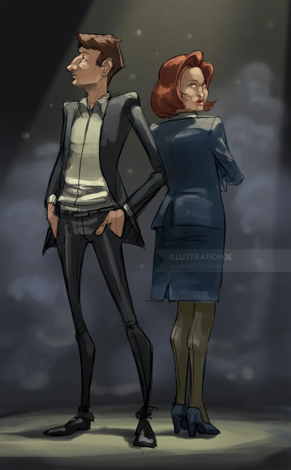 Stylized back-to-back man and woman illustration by Alexander Roncaldier