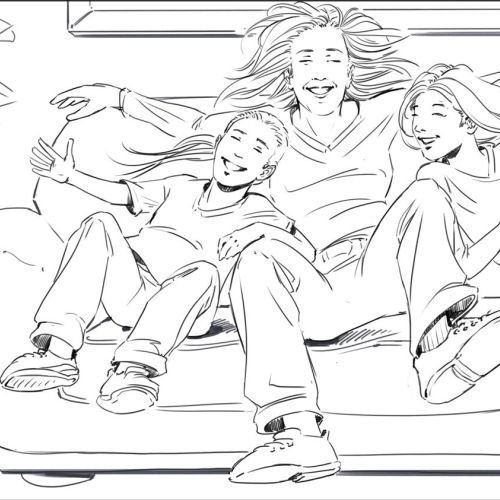 Sketch of three people relaxing on a couch by Alexander Roncaldier