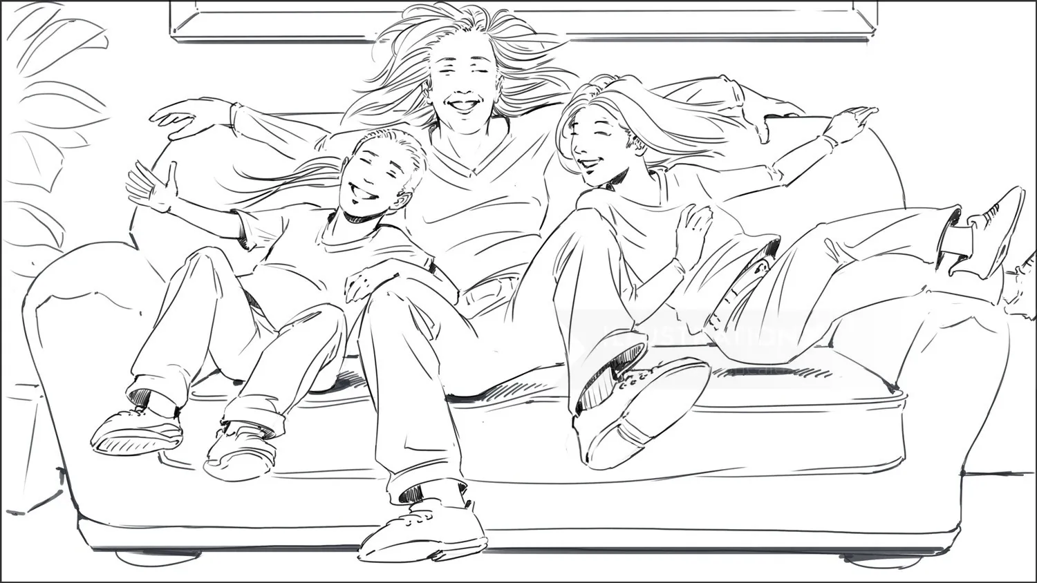 Sketch of three people relaxing on a couch by Alexander Roncaldier