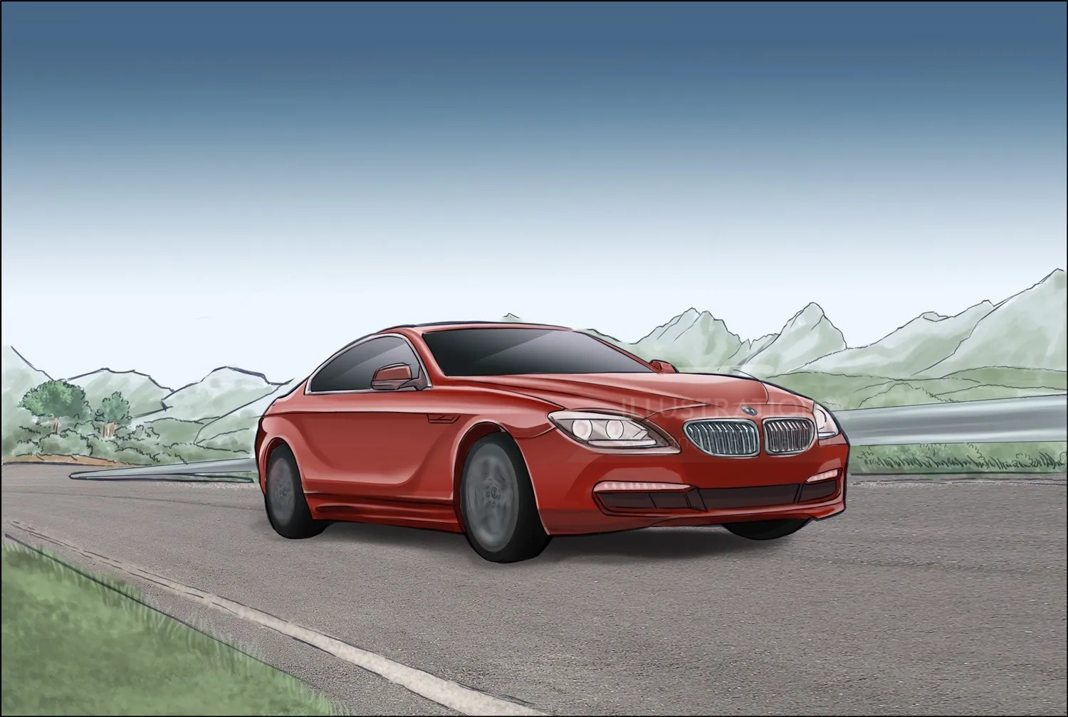 Red luxury sedan driving on mountain road by Alexander Roncaldier
