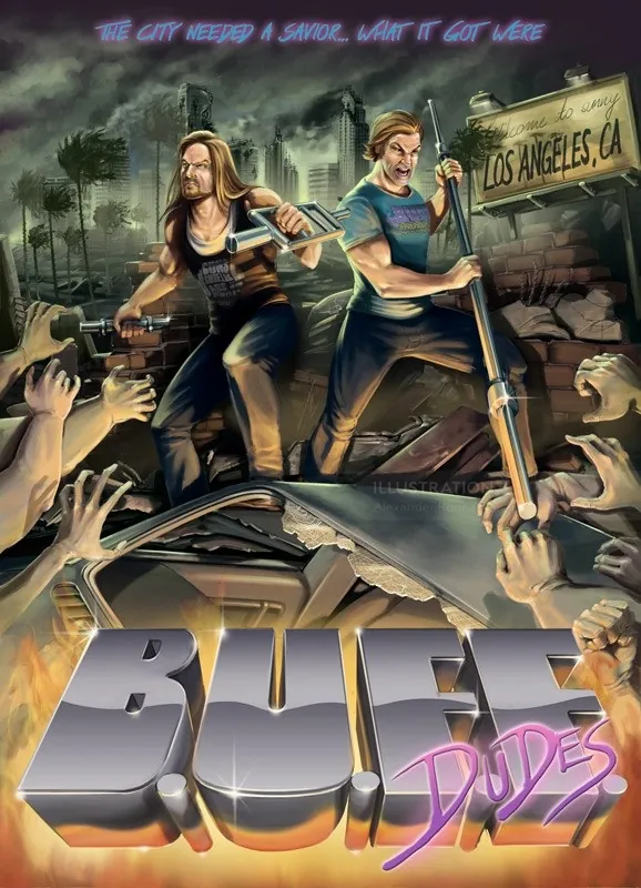 Biker dudes wield weapons in a destroyed Los Angeles cityscape by Alexander Roncaldier