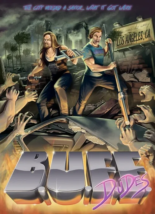 Biker dudes wield weapons in a destroyed Los Angeles cityscape by Alexander Roncaldier