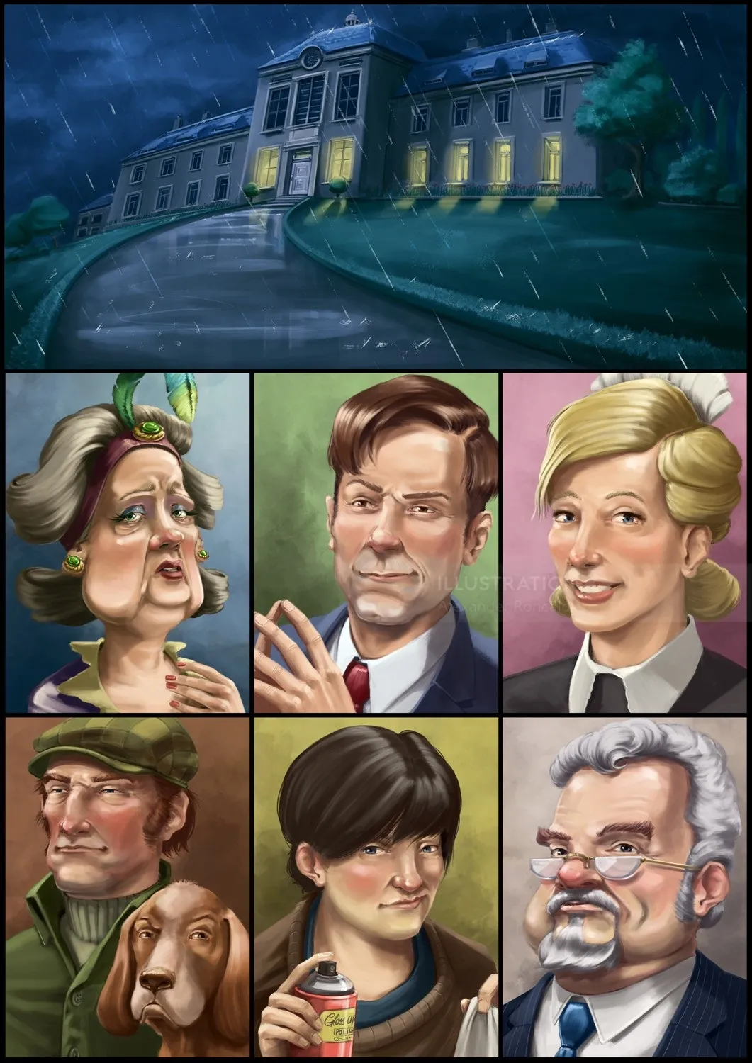 Mansion in rain with six distinct character portraits by Alexander Roncaldier