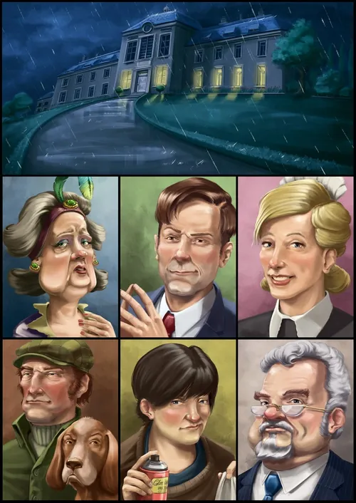 Mansion in rain with six distinct character portraits by Alexander Roncaldier