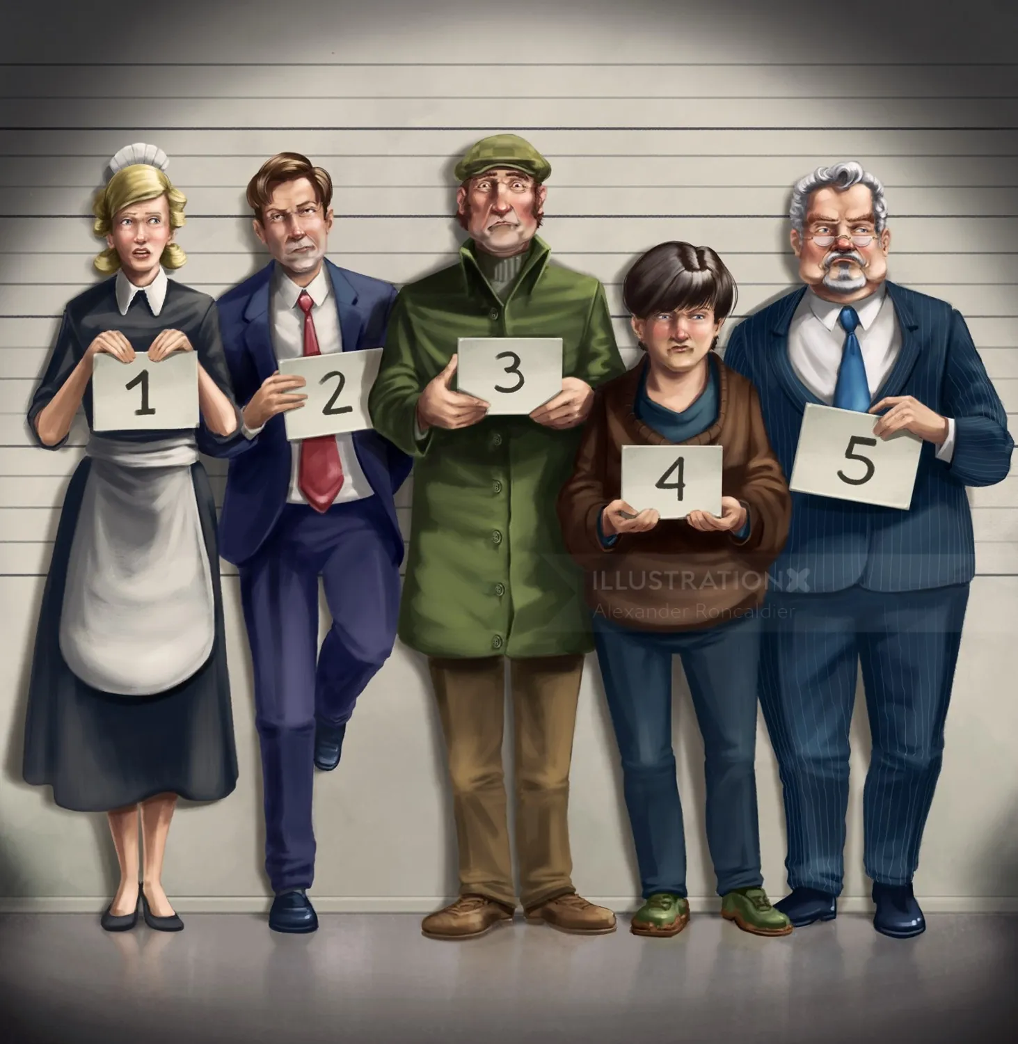 Five people in a mugshot lineup holding number signs by Alexander Roncaldier