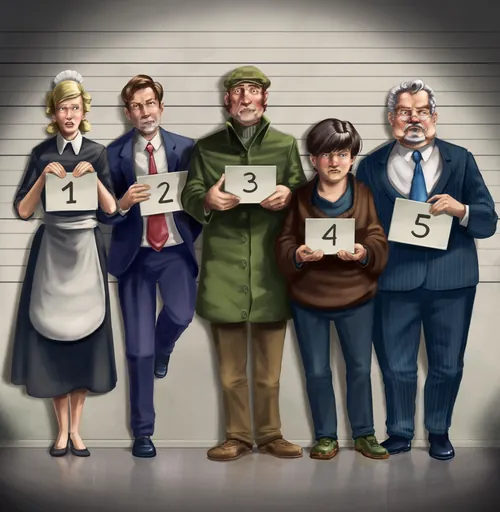 Five people in a mugshot lineup holding number signs by Alexander Roncaldier