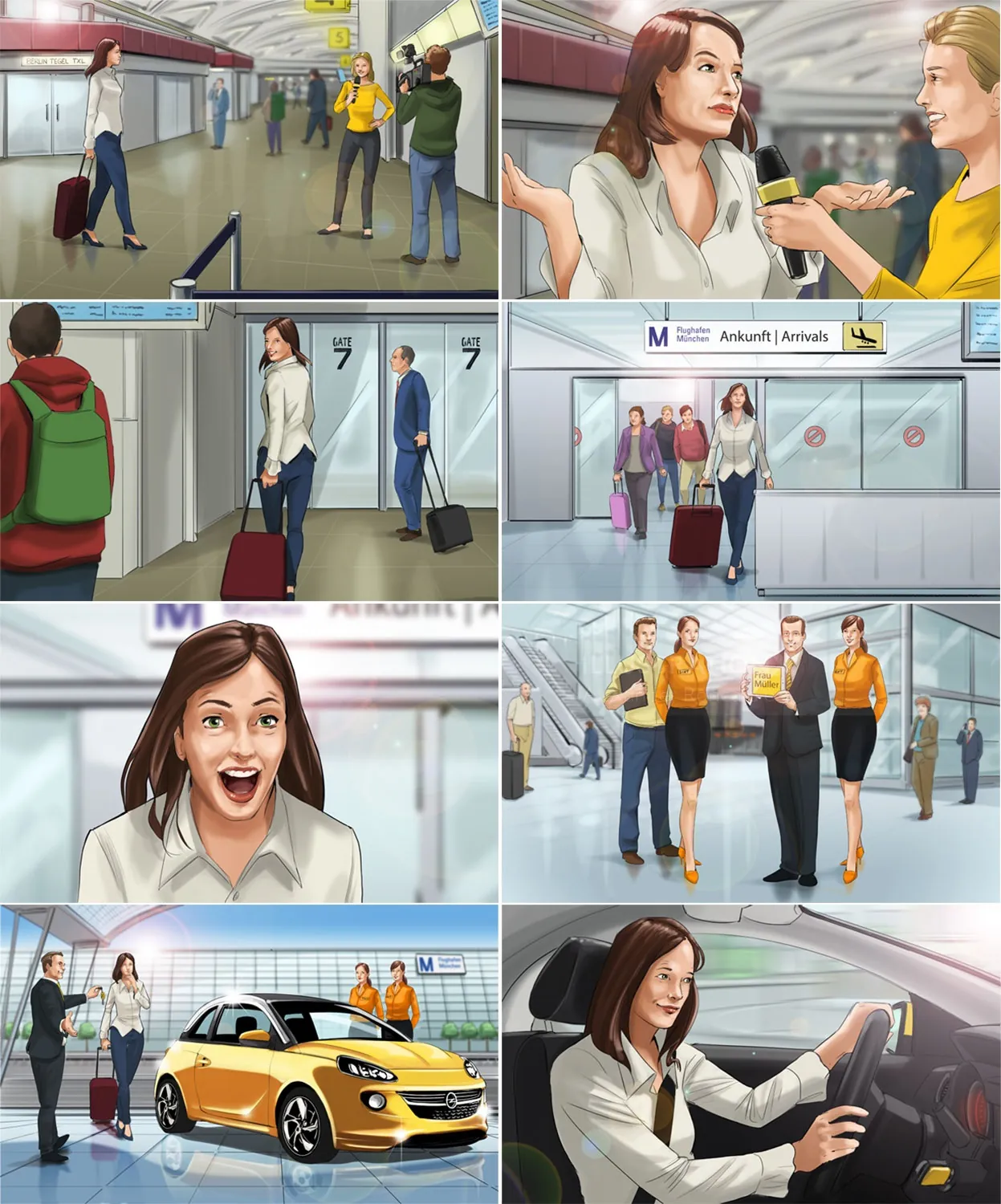 Illustration of woman in airport and driving scenes by Alexander Roncaldier
