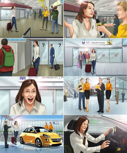 Illustration of woman in airport and driving scenes by Alexander Roncaldier