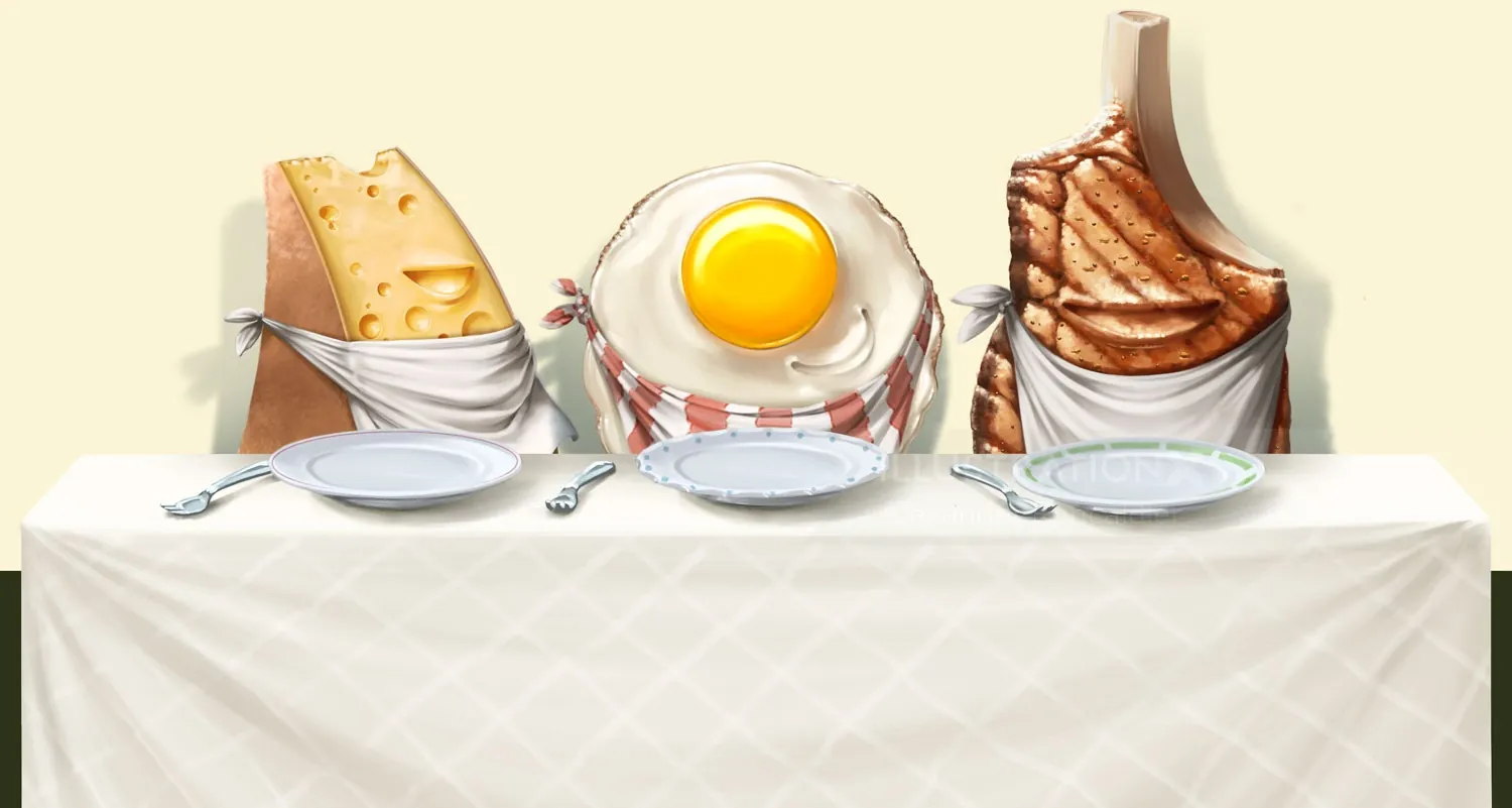 Breakfast foods cheese, fried egg, toast depicted as human figures by Alexander Roncaldier