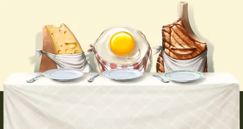 Breakfast foods cheese, fried egg, toast depicted as human figures by Alexander Roncaldier