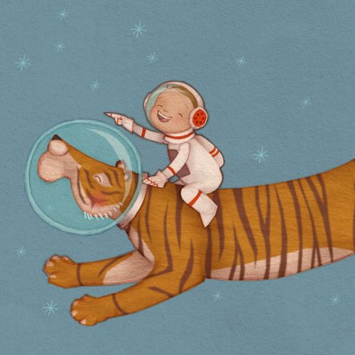 astronaut boy rides on a tiger