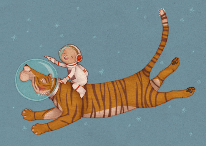 astronaut boy rides on a tiger