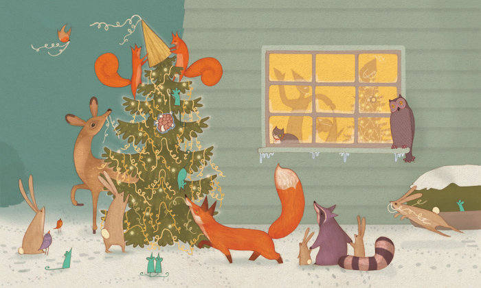 An illustration of animals decorate their new year tree