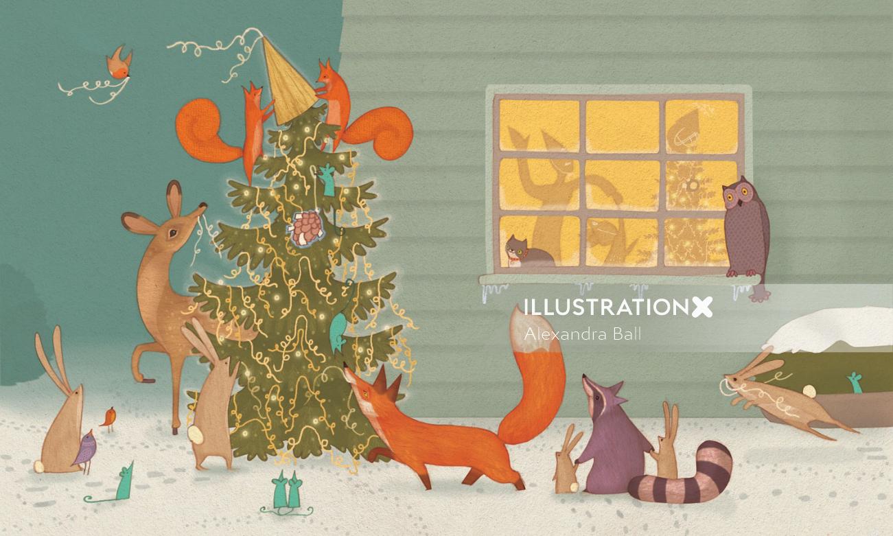 An illustration of animals decorate their new year tree