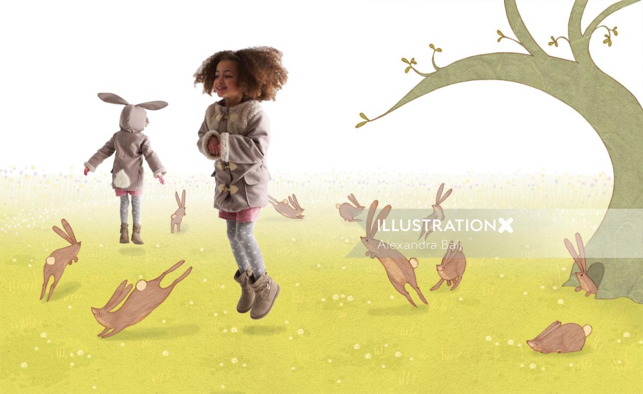 crianças brincando com coelhos