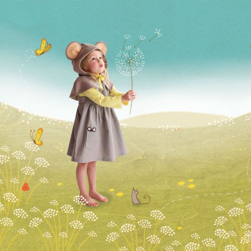 Nature illustration of little girl with flowers 