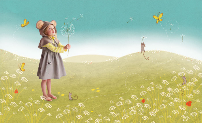小女孩与花的自然插图