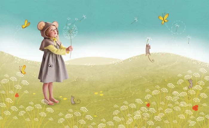 Nature illustration of little girl with flowers 