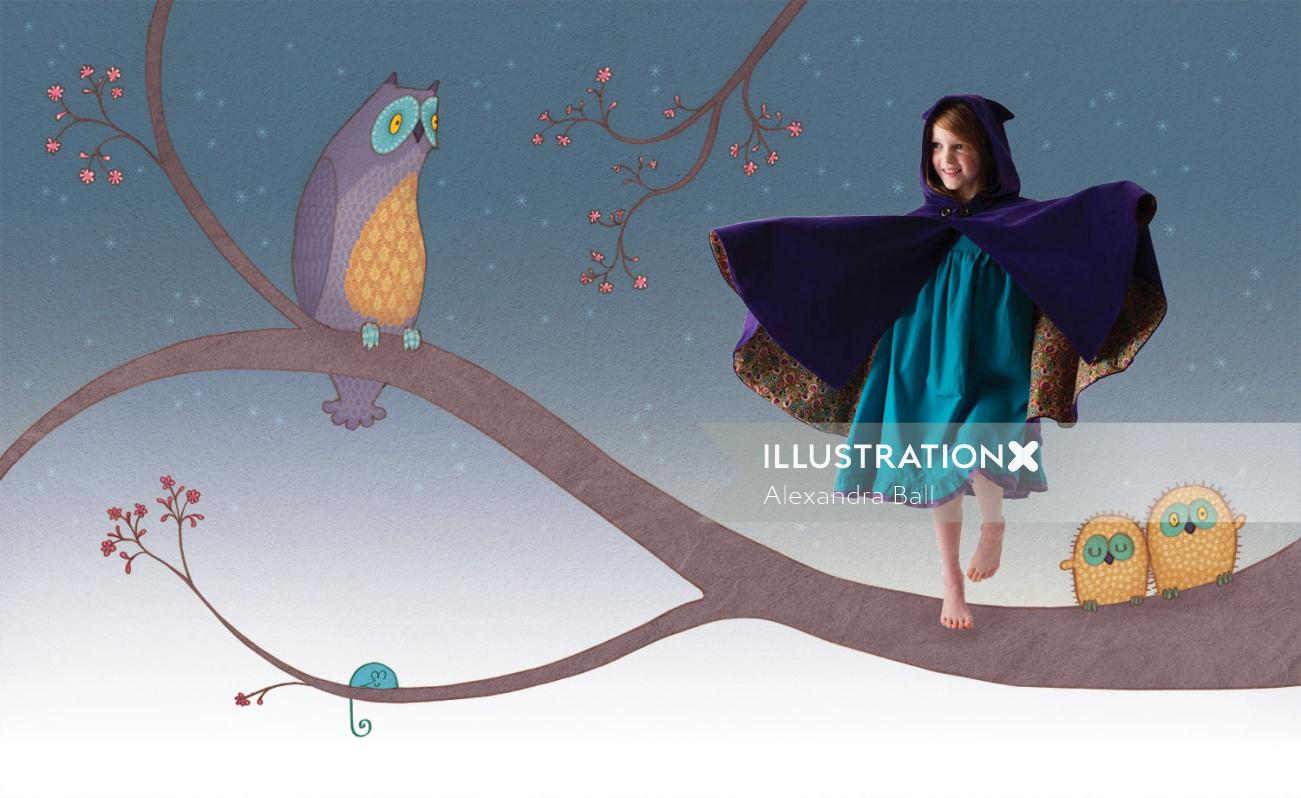 木の枝に立っている女の子の自然イラスト