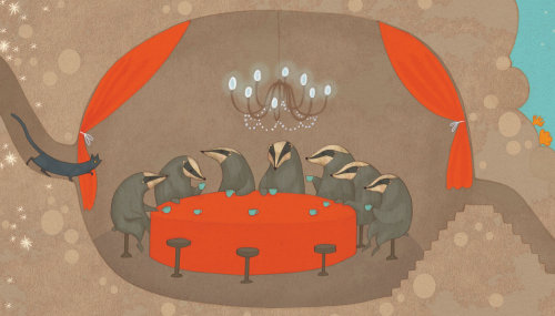 badgers sitting around a table illustration