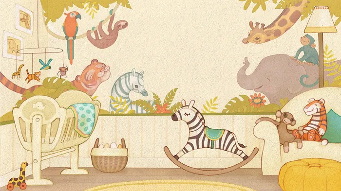 Whimsical nursery scene with animal toys and furniture by Alexandra Ball