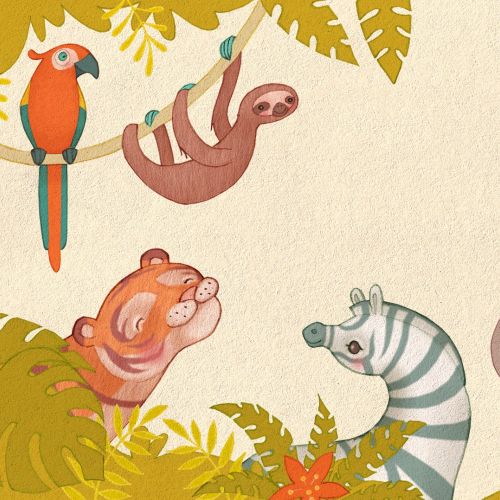 Illustration of jungle animals like elephant, giraffe, tiger, and zebra by Alexandra Ball