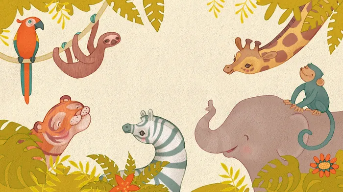 Illustration of jungle animals like elephant, giraffe, tiger, and zebra by Alexandra Ball