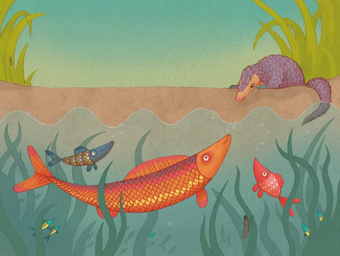 Colorful fish swimming underwater near an armadillo by the riverbank by Alexandra Ball