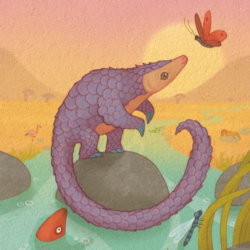 Illustration of a pangolin looking at a butterfly by a pond by Alexandra Ball