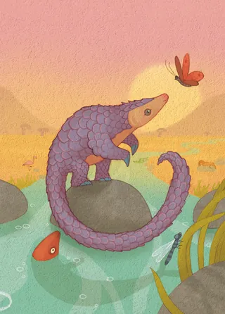 Illustration of a pangolin looking at a butterfly by a pond by Alexandra Ball