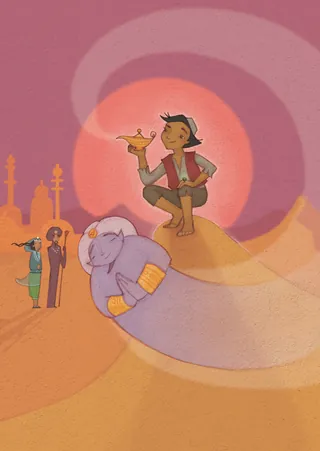 Aladdin holding lamp with genie flying in swirl by Alexandra Ball