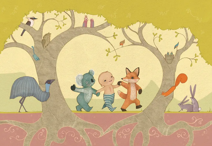 Illustration of a child holding hands with bear and fox under heart-shaped tree by Alexandra Ball