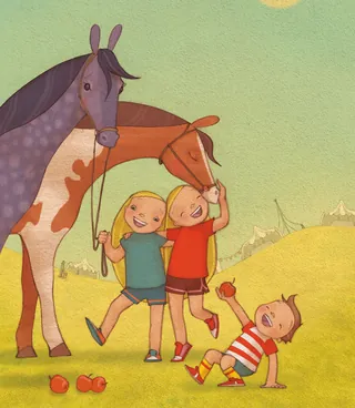 Three children playing with two horses at a country fair by Alexandra Ball