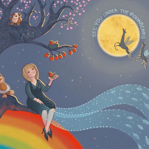 Dreamlike night scene of woman on rainbow with animals and moonlight by Alexandra Ball