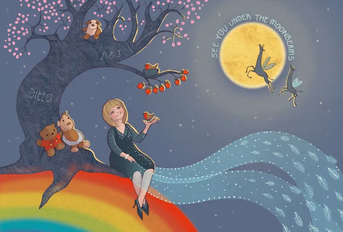 Dreamlike night scene of woman on rainbow with animals and moonlight by Alexandra Ball