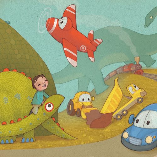 Child playing surrounded by dinosaur, airplane, and toy vehicles by Alexandra Ball