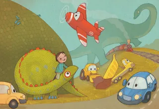Child playing surrounded by dinosaur, airplane, and toy vehicles by Alexandra Ball