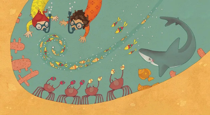 Underwater scene with crabs, shark, and two people looking down by Alexandra Ball