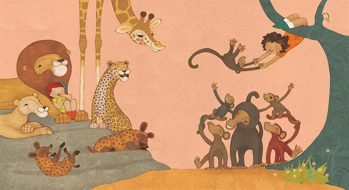 Illustration of lions, giraffes, cheetahs, monkeys, and elephants near a tree by Alexandra Ball