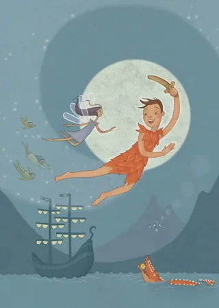 Peter Pan and Tinkerbell flying over moonlit sea with pirate ship