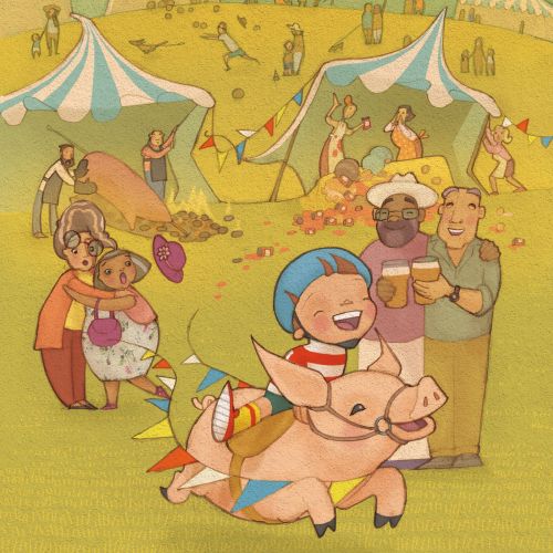Child riding a pig at lively country fair with tents and people
