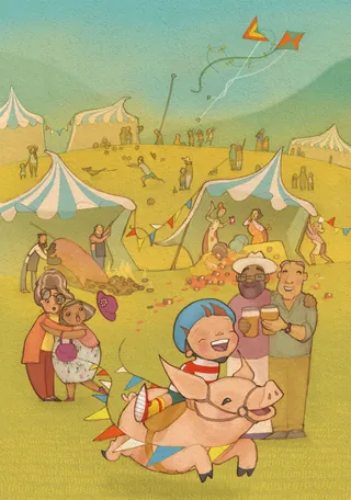 Child riding a pig at lively country fair with tents and people