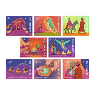 Guernsey Christmas stamps depicting the nativity story scenes
