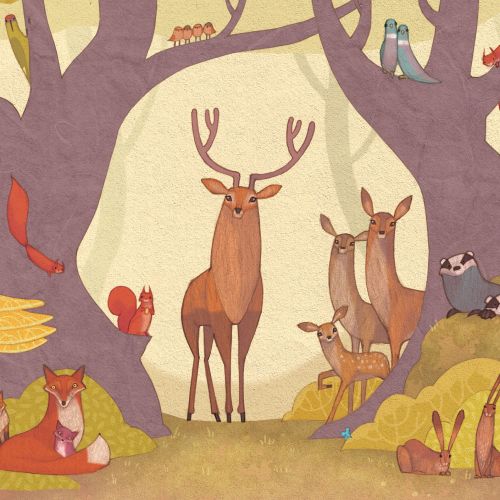 Woodland animals including deer, foxes, badgers, hares, squirrels, and birds in forest