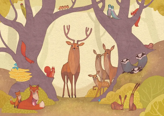 Woodland animals including deer, foxes, badgers, hares, squirrels, and birds in forest