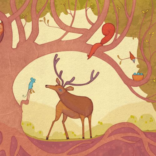 Stag and small animals under tree with owl, squirrel, fox, and bird